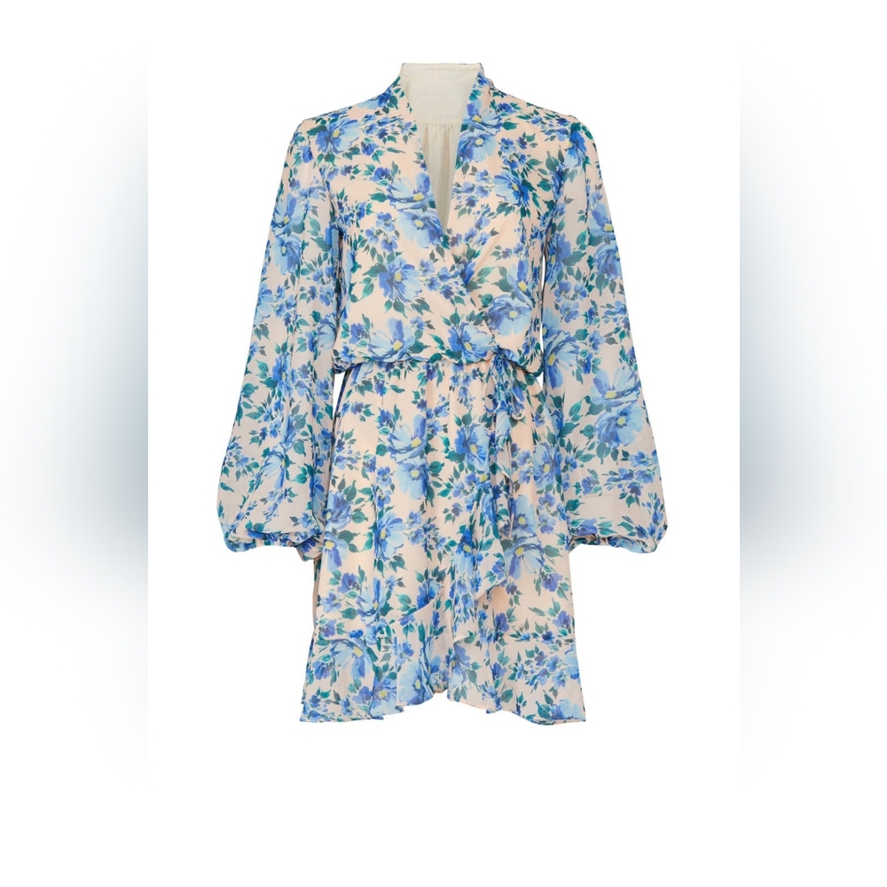 Alexia Admor Blue Floral Ruffle Hem Longsleeve Mini Dress Sz 8 Wedding Guest